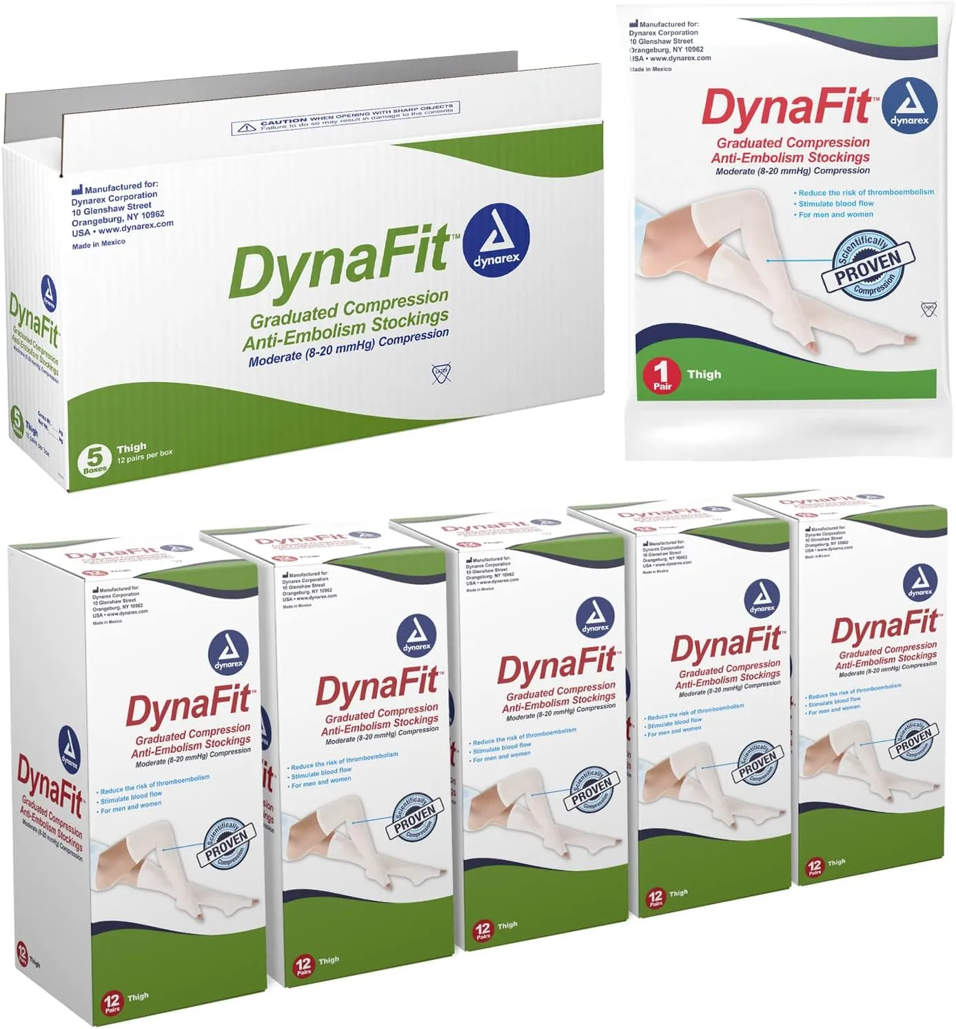 Dynarex DynaFit Compression Stockings Thigh High, 8–20 mmHg, Help Prevent Blood Clots, Relieve Pain & Varicose Veins, White, 1 Case of 60 DynaFit Compression Stockings