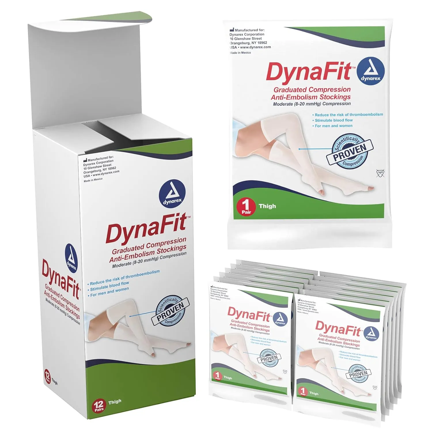 Dynarex DynaFit Compression Stockings Thigh High, 8–20 mmHg, Help Prevent Blood Clots, Relieve Pain & Varicose Veins, White, Small, 1 Box of 12 Stockings