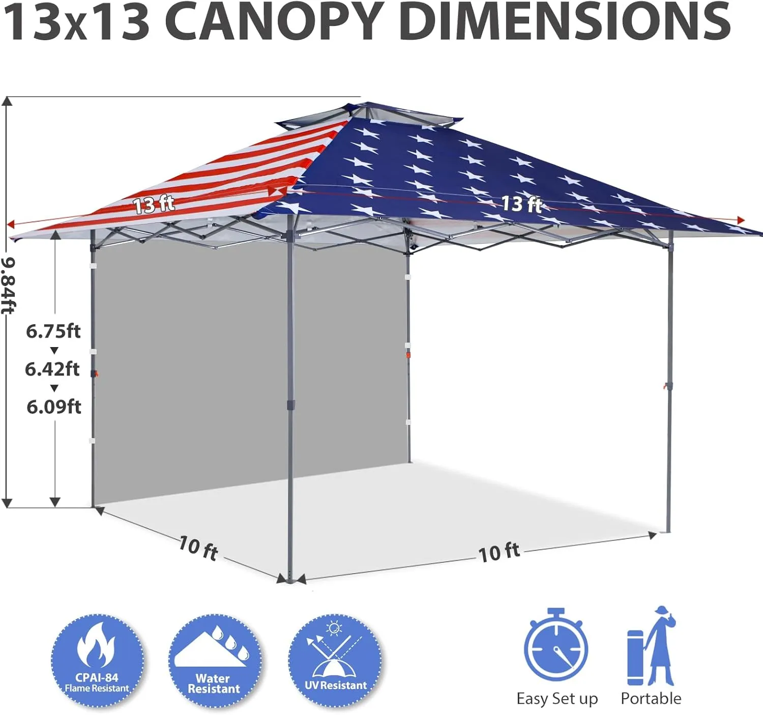 EAGLE PEAK 13x13 Pop up Canopy Tent w/One Wall, Instant Canopy Easy Set up Folding Shelter w/One Privacy Curtain, 169 Square Feet Sun Shade, American Flag
