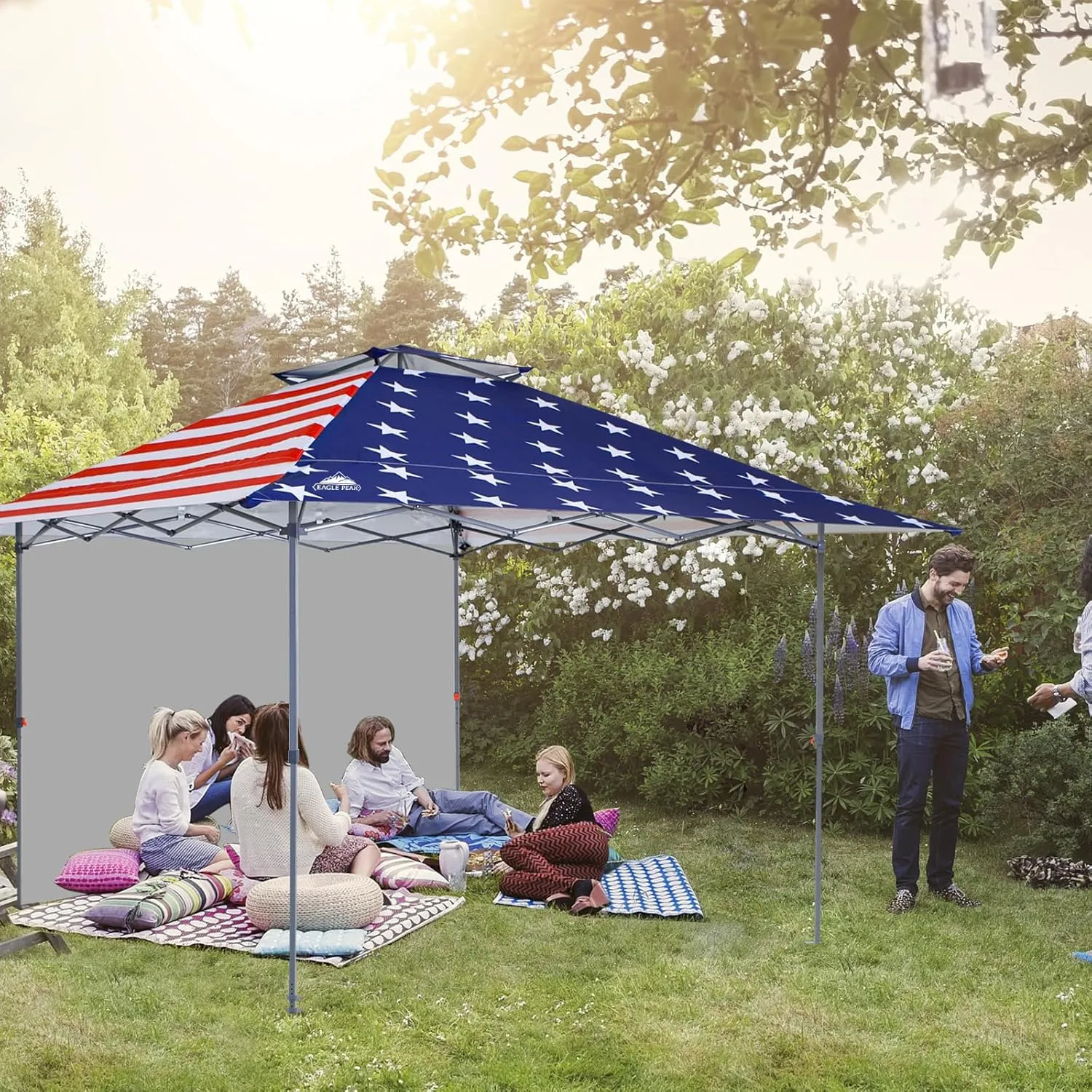 EAGLE PEAK 13x13 Pop up Canopy Tent w/One Wall, Instant Canopy Easy Set up Folding Shelter w/One Privacy Curtain, 169 Square Feet Sun Shade, American Flag