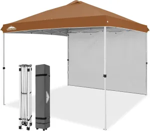 EAGLE PEAK Pop Up Canopy Tent with 1 Sidewall, Easy Setup Event Tent, Outdoor Sun Shade, Wheeled Carry Bag, Stakes and Guy Ropes, Instant Canopy 10x10, Khaki