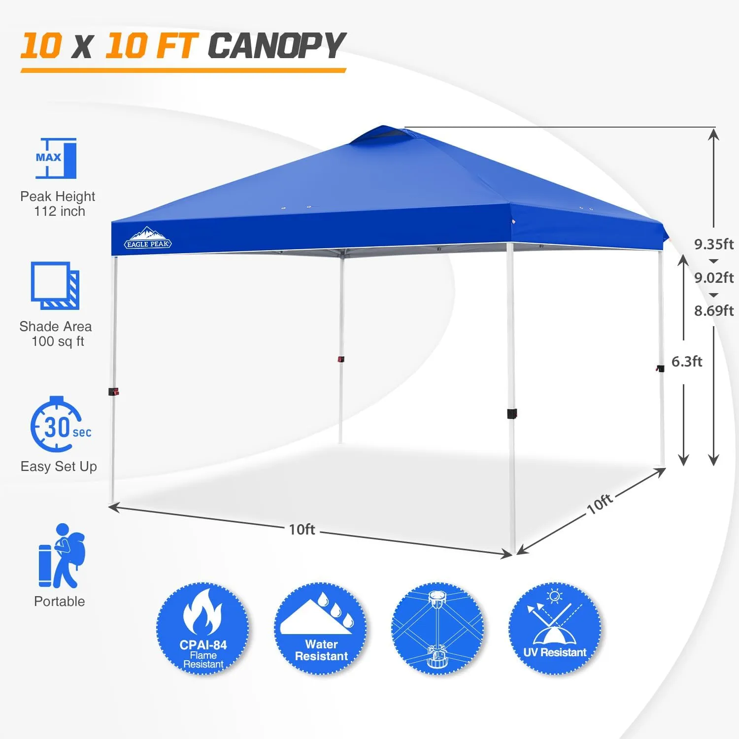 EAGLE PEAK Pop Up Canopy Tent with Wheeled Carry Bag, 8 Stakes, 4 Ropes, 4 Weight Bags, Easy Set Up Tent Canopy, 10x10 ft, 100sqft of Shade, Blue