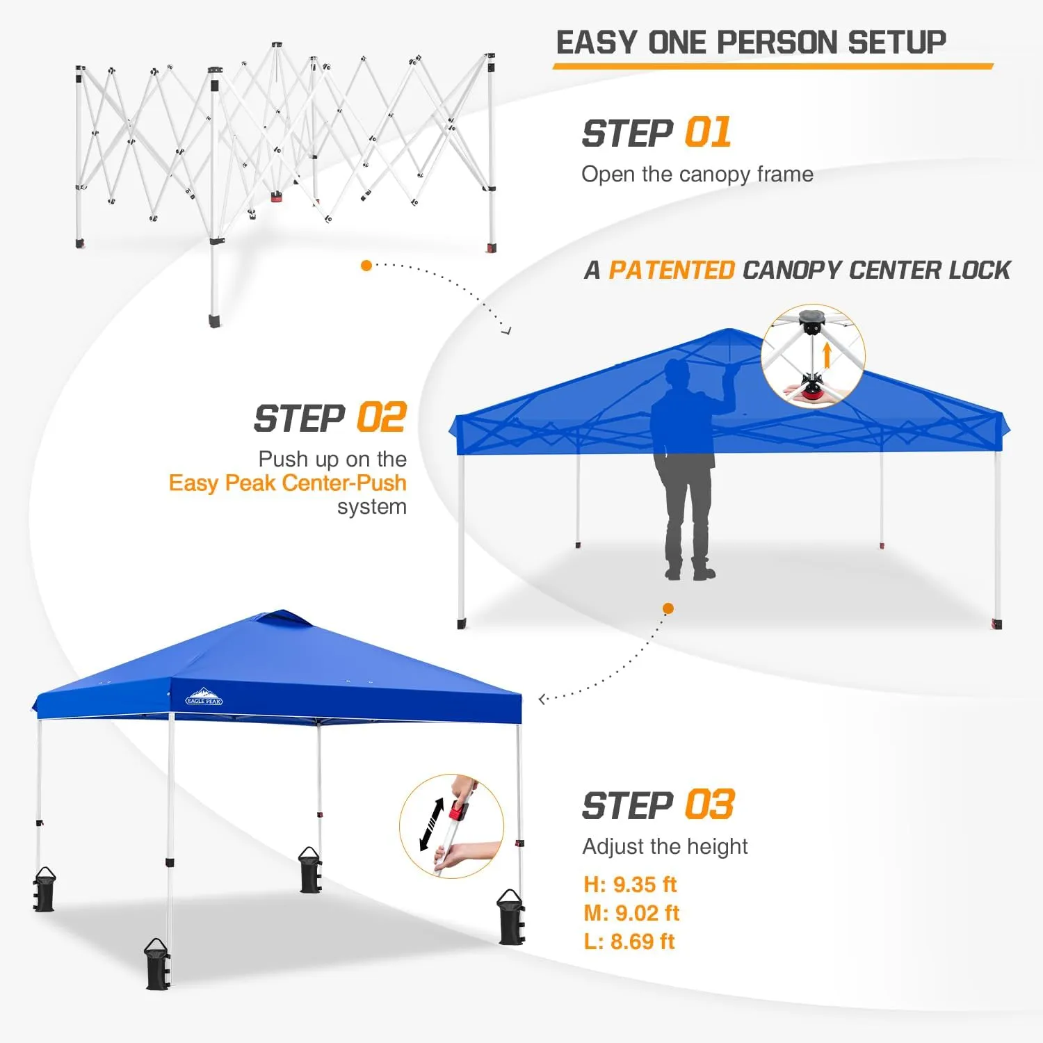 EAGLE PEAK Pop Up Canopy Tent with Wheeled Carry Bag, 8 Stakes, 4 Ropes, 4 Weight Bags, Easy Set Up Tent Canopy, 10x10 ft, 100sqft of Shade, Blue