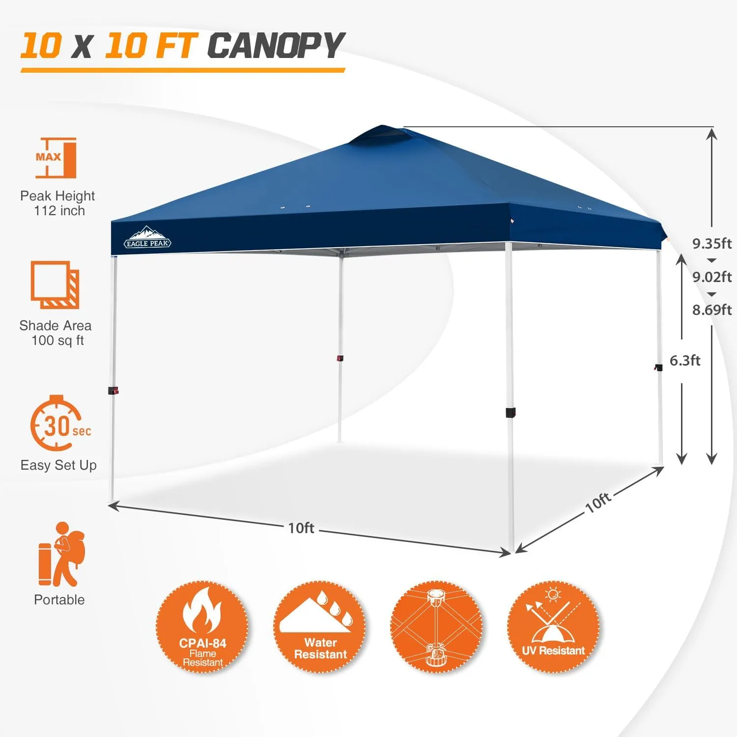 EAGLE PEAK Pop Up Canopy Tent with Wheeled Carry Bag, 8 Stakes, 4 Ropes, 4 Weight Bags, Easy Set Up Tent Canopy, 10x10 ft, 100sqft of Shade, Dark Blue