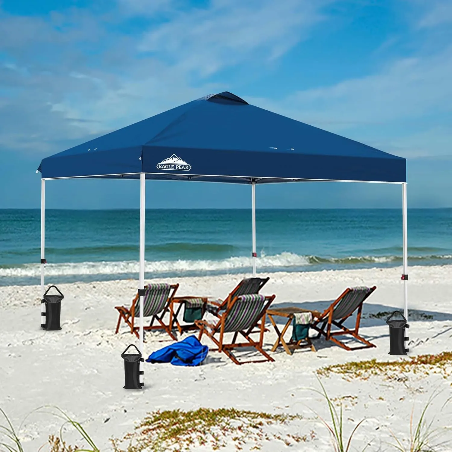 EAGLE PEAK Pop Up Canopy Tent with Wheeled Carry Bag, 8 Stakes, 4 Ropes, 4 Weight Bags, Easy Set Up Tent Canopy, 10x10 ft, 100sqft of Shade, Dark Blue
