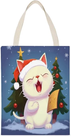 Economical Cotton Tote Bag,Cute Cat Sing Christmas Carols Print Tote Bag,canvas Tote Bags,multi-purpose Reusable Canvas Bags