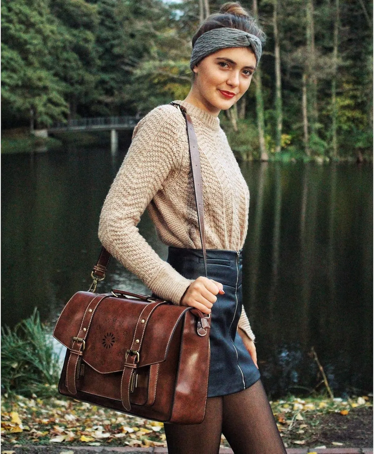 ECOSUSI Backpack for Women Briefcase Messenger Laptop Bag Vegan Leather Satchel Work Bags Fits 15.6 inch Laptops, Coffee