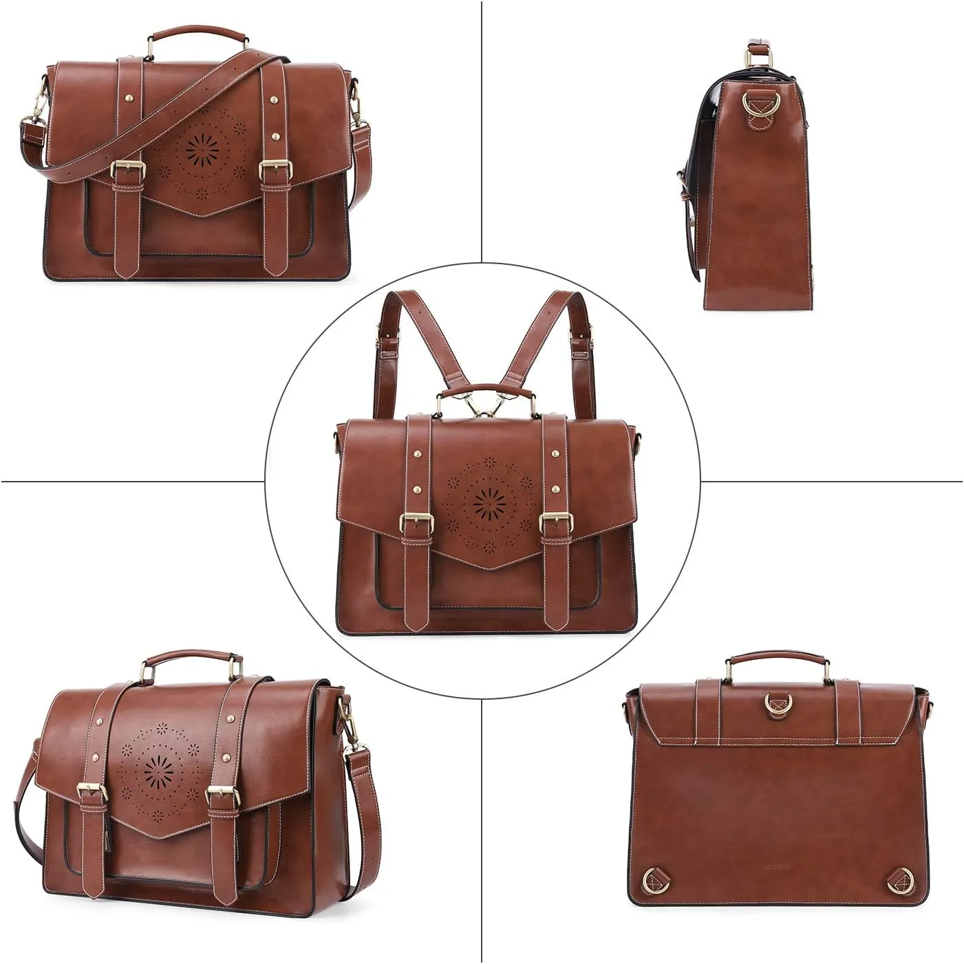 ECOSUSI Backpack for Women Briefcase Messenger Laptop Bag Vegan Leather Satchel Work Bags Fits 15.6 inch Laptops, Coffee