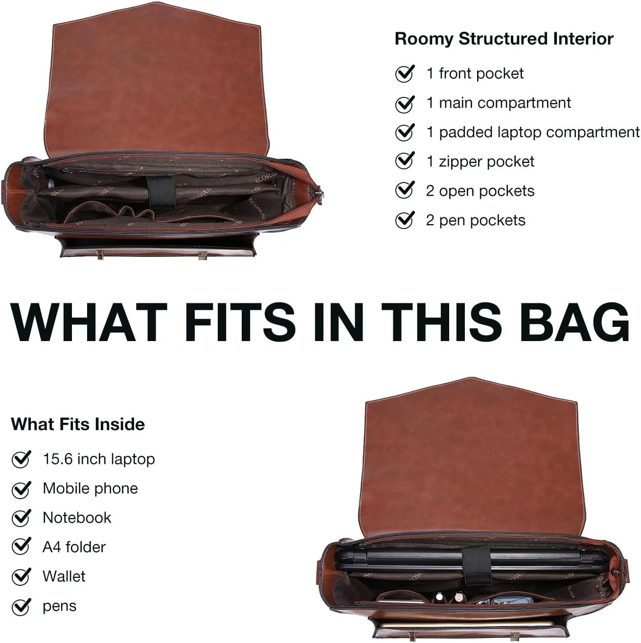 ECOSUSI Backpack for Women Briefcase Messenger Laptop Bag Vegan Leather Satchel Work Bags Fits 15.6 inch Laptops, Coffee
