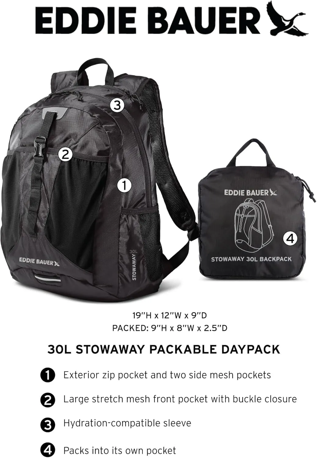 Eddie Bauer Stowaway Packable Backpack-Made from Ripstop Polyester, Maroon, 30L