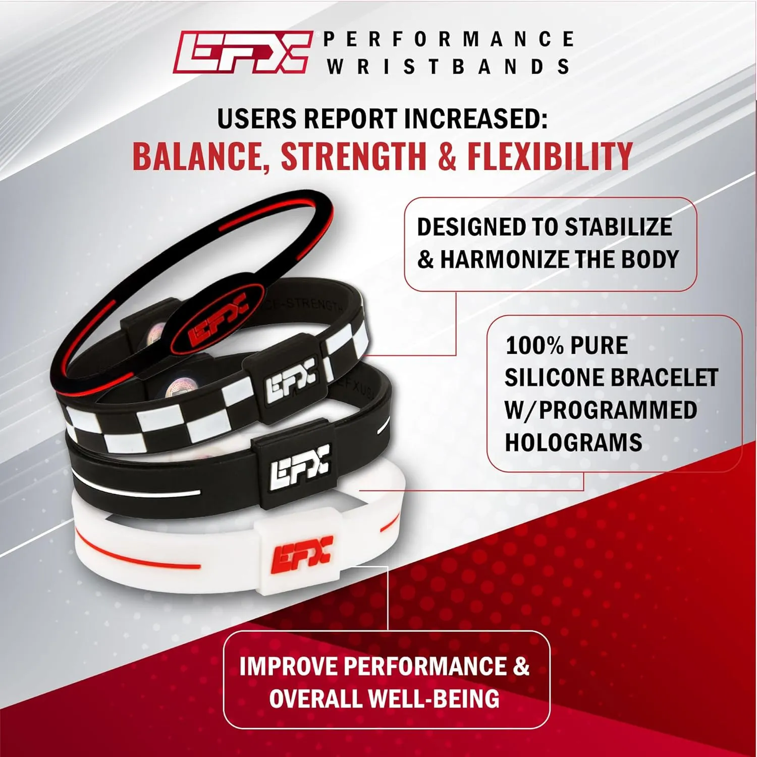 EFX Performance Surgical-Grade Silicone Wristband with Programmed Holograms for Balance, Strength, Flexibility, and Energy | Great for Seniors | Measure Wrist Before Ordering and See Chart for Sizing