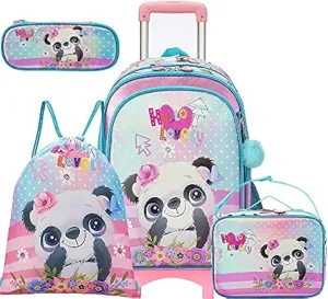 Egchescebo Kids Rolling School Backpack Bags for Girls School With Wheels Trolley Roller Wheeled 5PCS With Lunch Box Cute Panda Pattern Magic Color Backpacks Bags for Girls