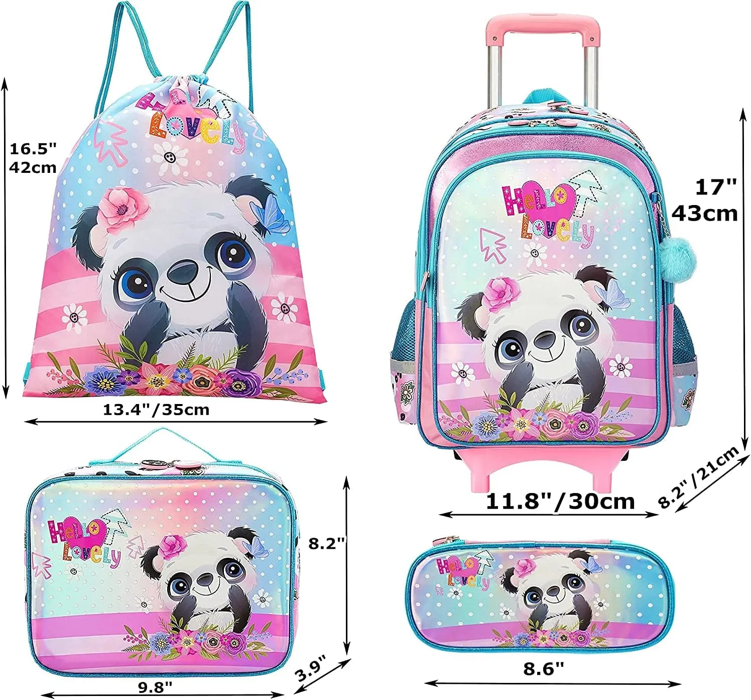 Egchescebo Kids Rolling School Backpack Bags for Girls School With Wheels Trolley Roller Wheeled 5PCS With Lunch Box Cute Panda Pattern Magic Color Backpacks Bags for Girls