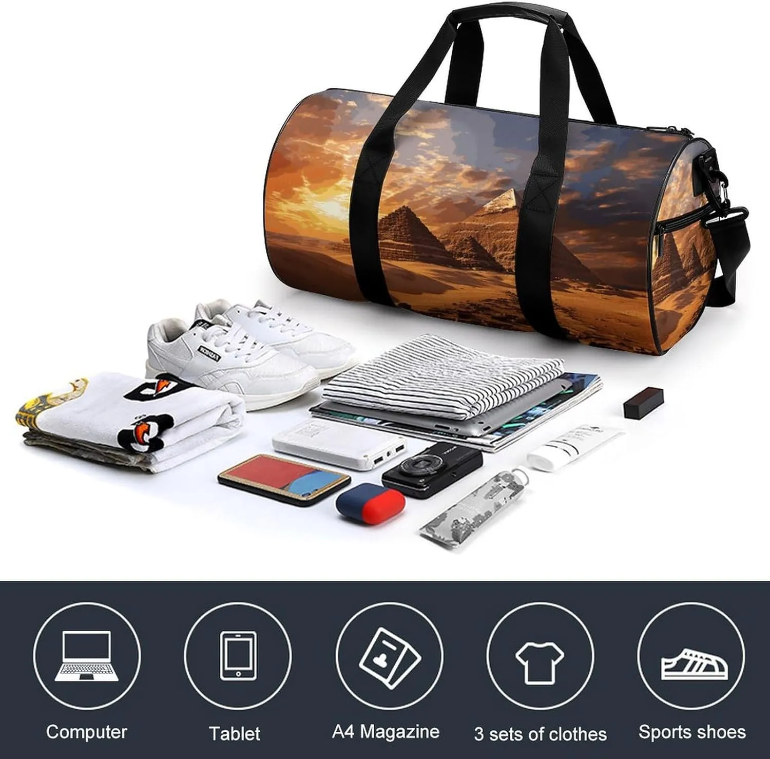 Egyptian Pyramids Gym Bag Small Travel Duffle Bag with Compartment Carry On Weekender Bag for Women Men