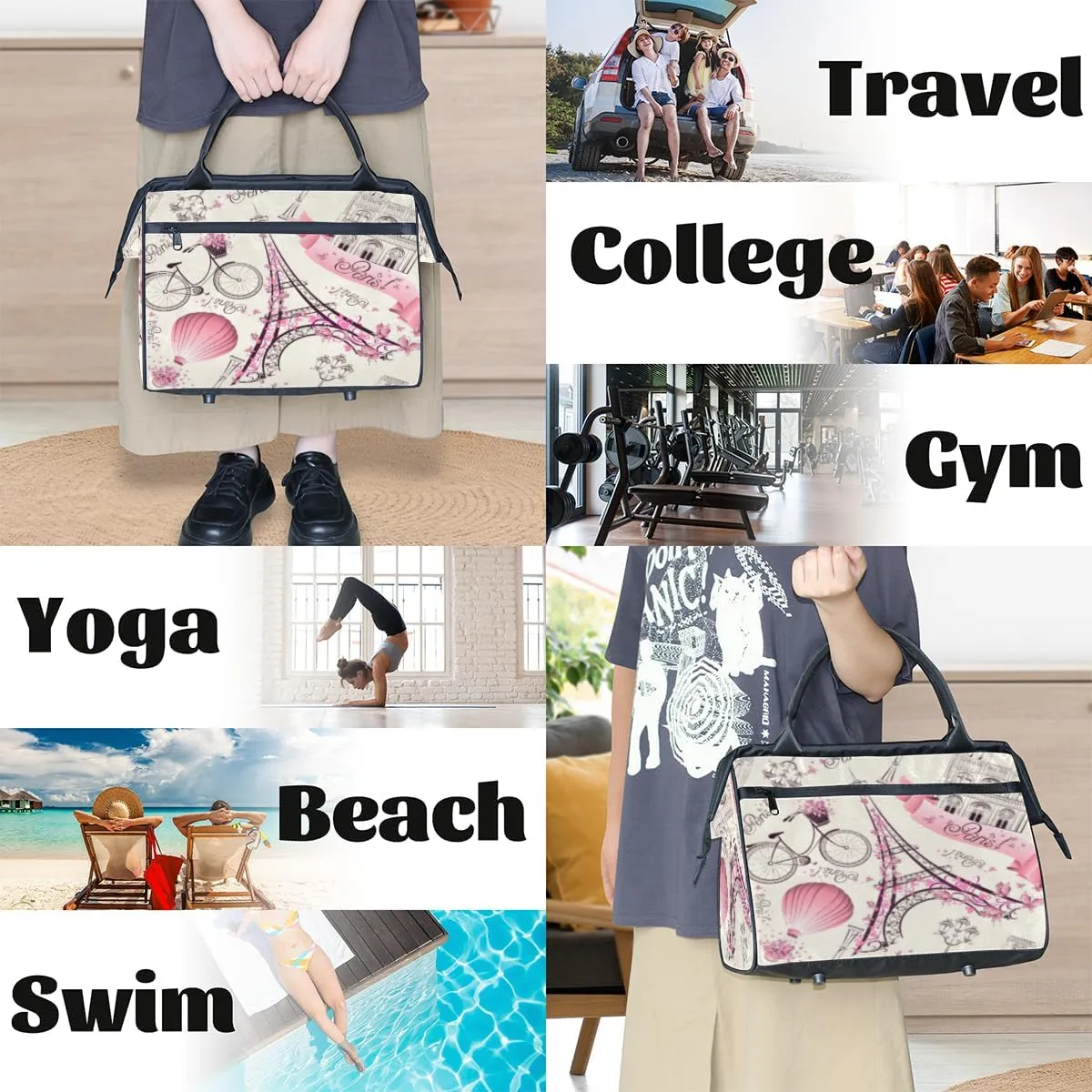 Eiffel Tower Paris France Gym Bag for Women Men, Travel Sports Duffel Bag with Trolley Sleeve, Waterproof Sports Gym Bag Weekender Overnight Bag Carry On Tote Bag for Travel Gym Sport