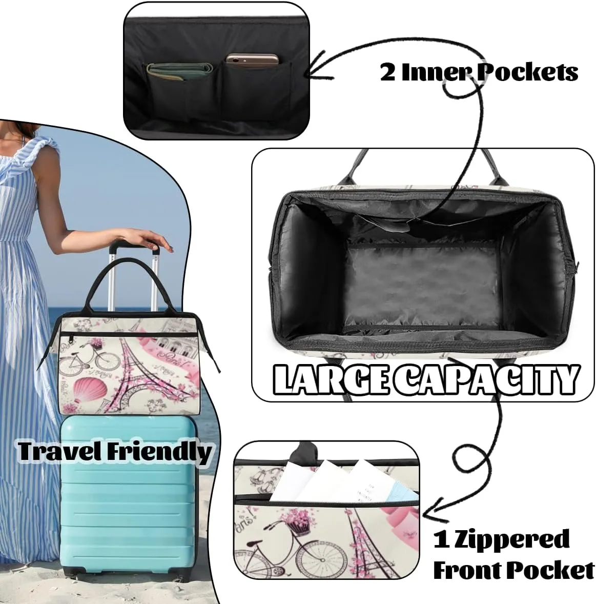 Eiffel Tower Paris France Gym Bag for Women Men, Travel Sports Duffel Bag with Trolley Sleeve, Waterproof Sports Gym Bag Weekender Overnight Bag Carry On Tote Bag for Travel Gym Sport