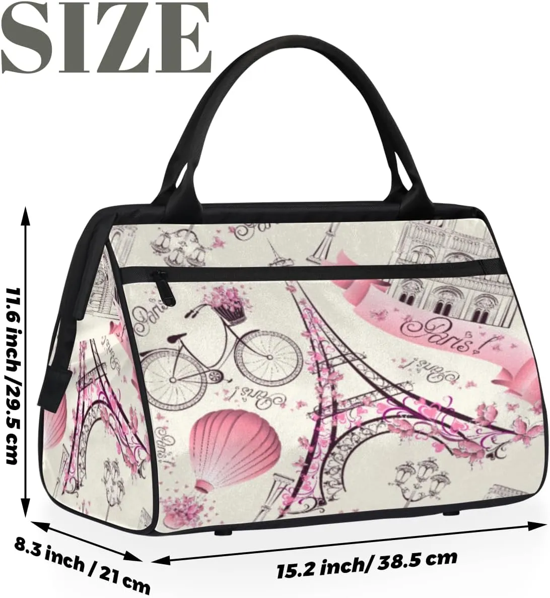 Eiffel Tower Paris France Gym Bag for Women Men, Travel Sports Duffel Bag with Trolley Sleeve, Waterproof Sports Gym Bag Weekender Overnight Bag Carry On Tote Bag for Travel Gym Sport