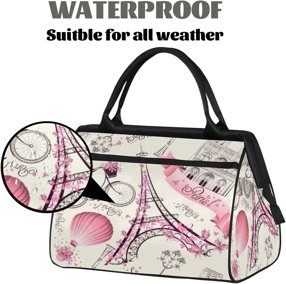 Eiffel Tower Paris France Gym Bag for Women Men, Travel Sports Duffel Bag with Trolley Sleeve, Waterproof Sports Gym Bag Weekender Overnight Bag Carry On Tote Bag for Travel Gym Sport