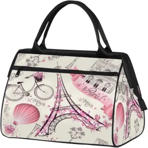 Eiffel Tower Paris France Gym Bag for Women Men, Travel Sports Duffel Bag with Trolley Sleeve, Waterproof Sports Gym Bag Weekender Overnight Bag Carry On Tote Bag for Travel Gym Sport
