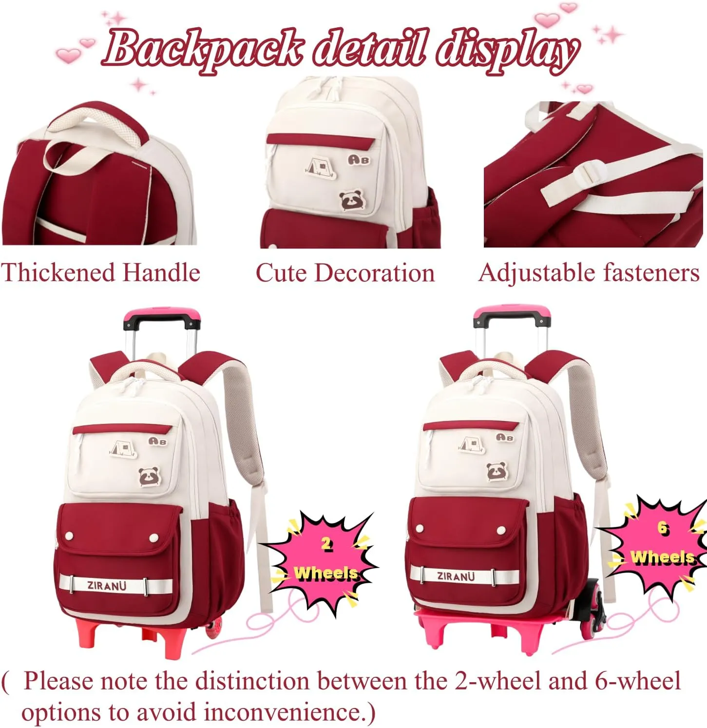 EKUIZAI Trolley Backpack for Girls Middle Kids School Bags with Wheels Rolling School Bags for Teen Girls