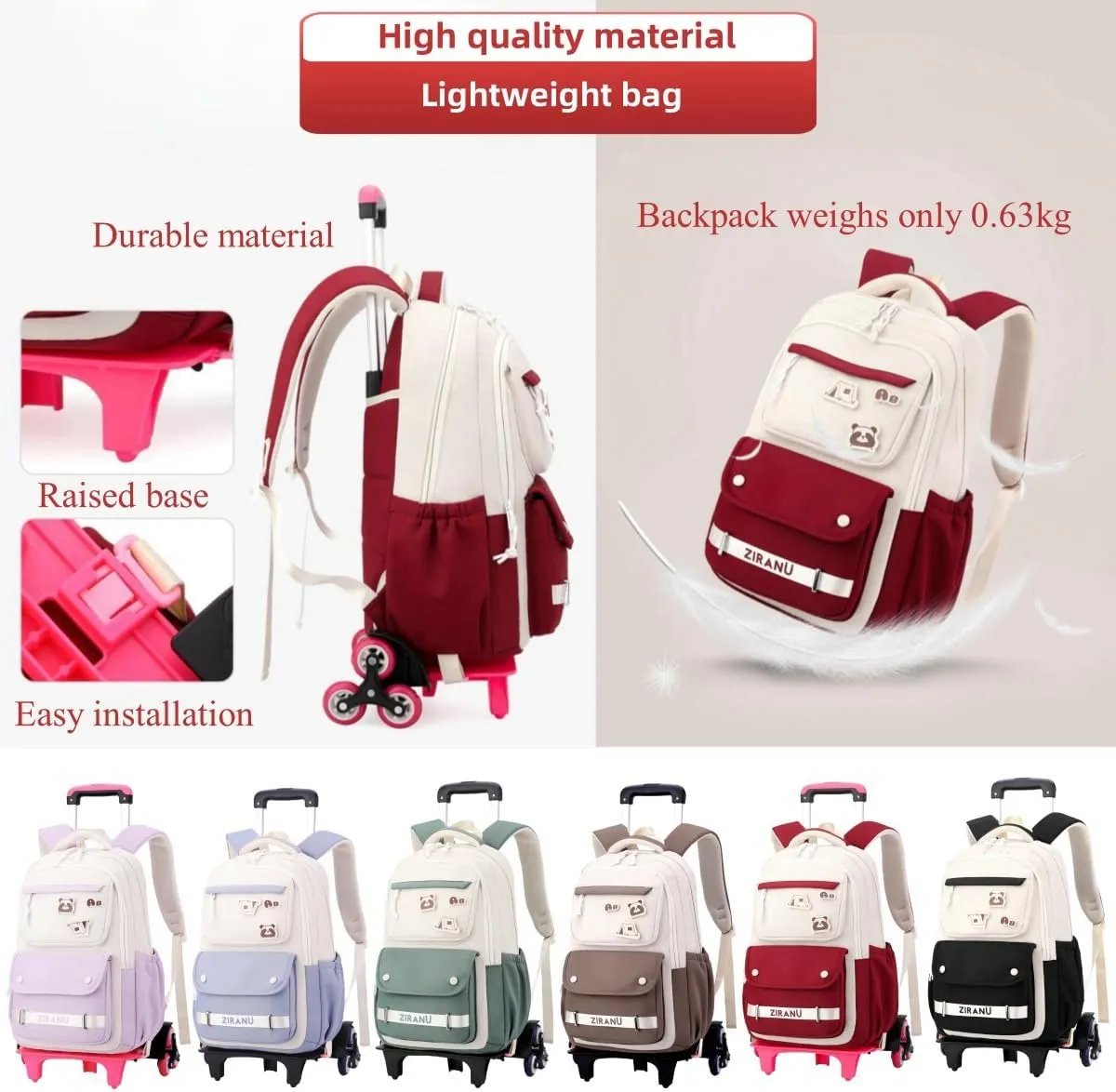 EKUIZAI Trolley Backpack for Girls Middle Kids School Bags with Wheels Rolling School Bags for Teen Girls