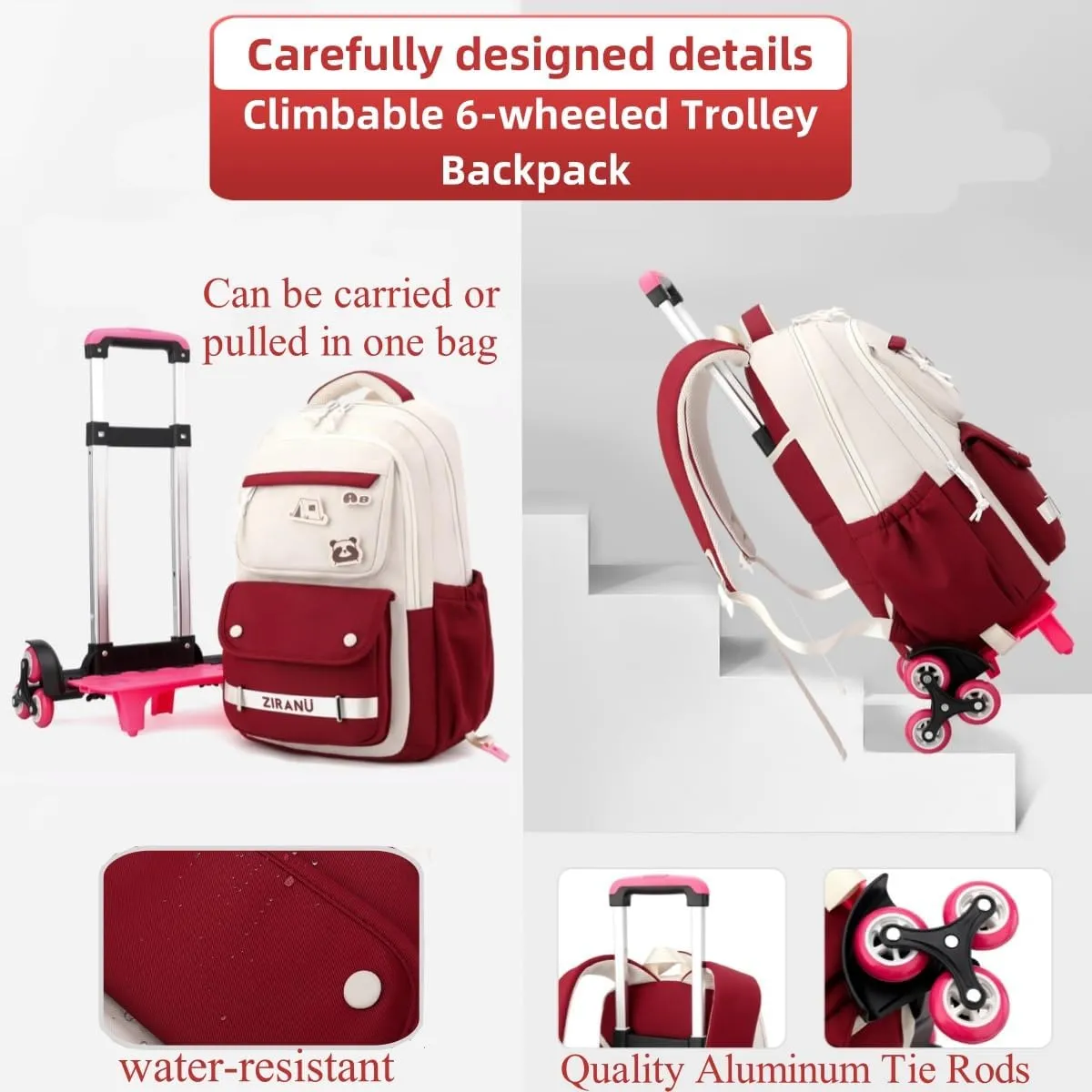 EKUIZAI Trolley Backpack for Girls Middle Kids School Bags with Wheels Rolling School Bags for Teen Girls