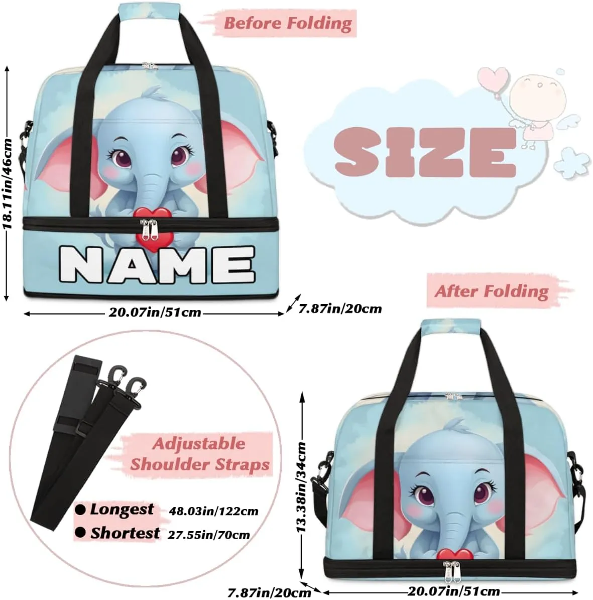 Elephant Printed Custom Foldable Duffle Bag with Shoes Compartment Personalized Large Capacity Waterproof Travel Weekender Bag Overnight Bag for Sports Gym