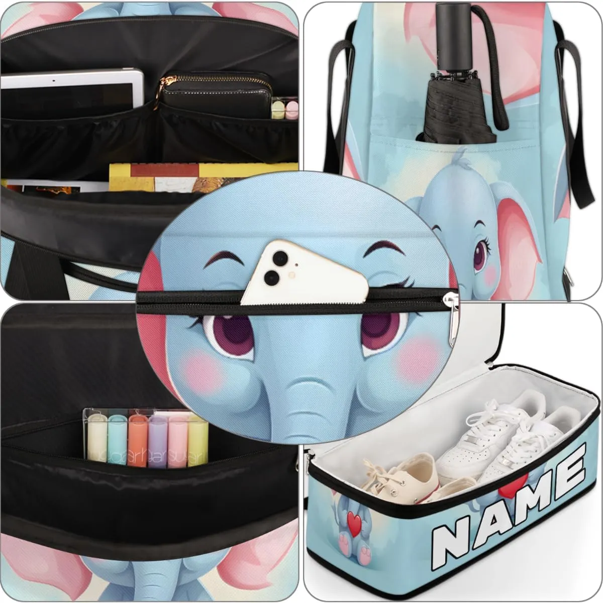 Elephant Printed Custom Foldable Duffle Bag with Shoes Compartment Personalized Large Capacity Waterproof Travel Weekender Bag Overnight Bag for Sports Gym