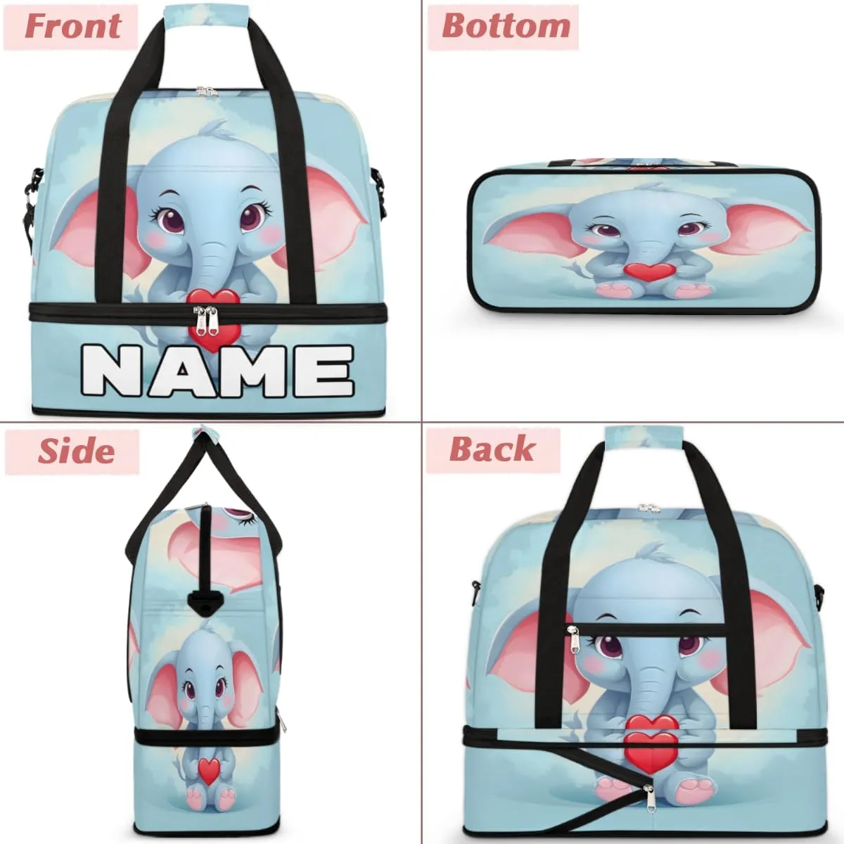 Elephant Printed Custom Foldable Duffle Bag with Shoes Compartment Personalized Large Capacity Waterproof Travel Weekender Bag Overnight Bag for Sports Gym
