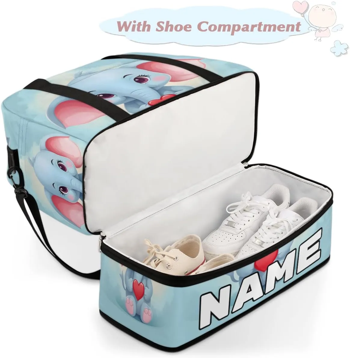 Elephant Printed Custom Foldable Duffle Bag with Shoes Compartment Personalized Large Capacity Waterproof Travel Weekender Bag Overnight Bag for Sports Gym