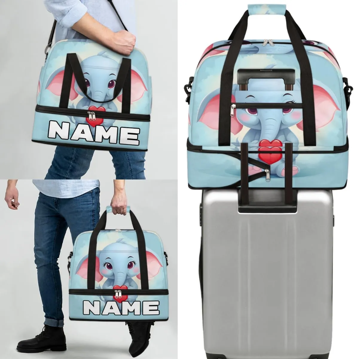 Elephant Printed Custom Foldable Duffle Bag with Shoes Compartment Personalized Large Capacity Waterproof Travel Weekender Bag Overnight Bag for Sports Gym