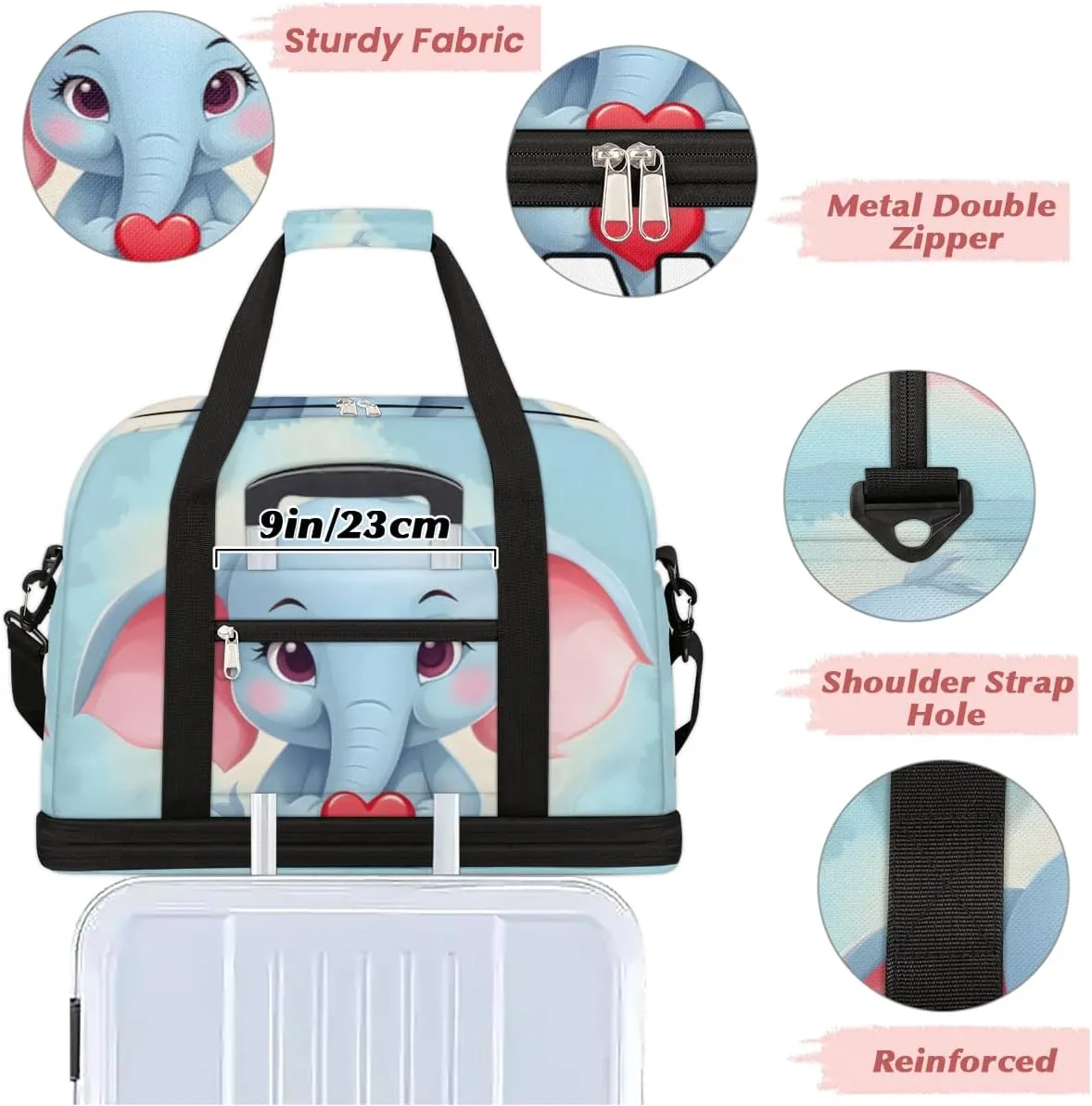 Elephant Printed Custom Foldable Duffle Bag with Shoes Compartment Personalized Large Capacity Waterproof Travel Weekender Bag Overnight Bag for Sports Gym