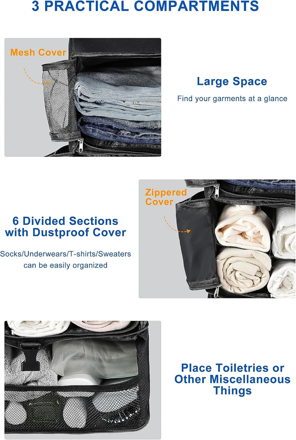 ELEZAY Hanging Packing Cubes Portable Closet 3-Shelf Travel Collapsible Compression Garment Organizer for Carry-on Luggage Suitcase Space Saver Bag X-Large_No Side Pockets, Black