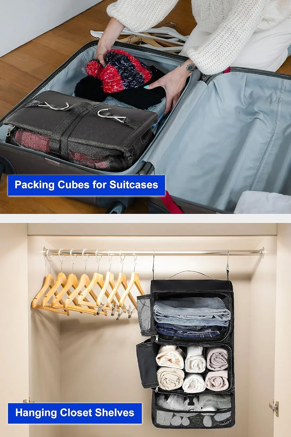 ELEZAY Hanging Packing Cubes Portable Closet 3-Shelf Travel Collapsible Compression Garment Organizer for Carry-on Luggage Suitcase Space Saver Bag X-Large_No Side Pockets, Black