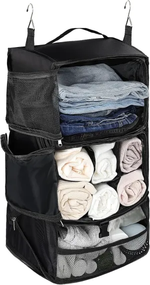 ELEZAY Hanging Packing Cubes Portable Closet 3-Shelf Travel Collapsible Compression Garment Organizer for Carry-on Luggage Suitcase Space Saver Bag X-Large_No Side Pockets, Black