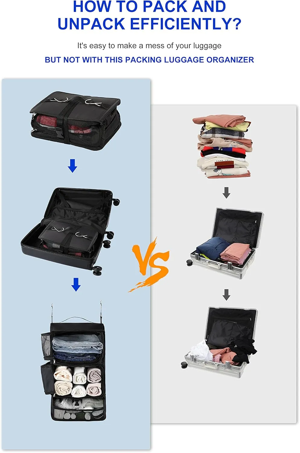 ELEZAY Hanging Packing Cubes Portable Closet 3-Shelf Travel Collapsible Compression Garment Organizer for Carry-on Luggage Suitcase Space Saver Bag X-Large_No Side Pockets, Black