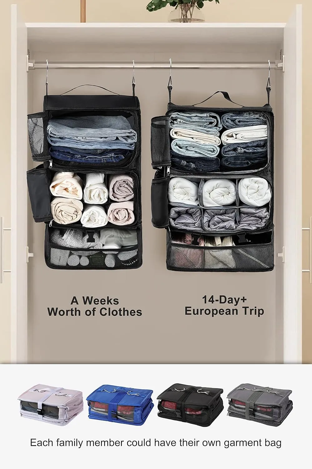 ELEZAY Hanging Packing Cubes Portable Closet 3-Shelf Travel Collapsible Compression Garment Organizer for Carry-on Luggage Suitcase Space Saver Bag X-Large_No Side Pockets, Black
