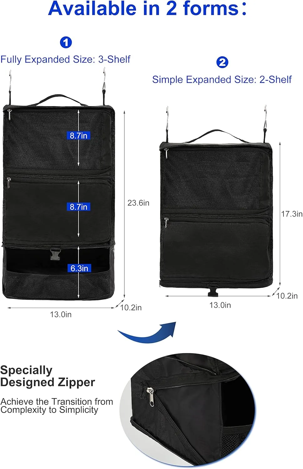 ELEZAY Hanging Packing Cubes Portable Closet 3-Shelf Travel Collapsible Compression Garment Organizer for Carry-on Luggage Suitcase Space Saver Bag X-Large_No Side Pockets, Black