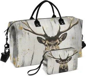Elk Portrait Gold Travel Duffel Bag, Gym Bags with Multiple Interior Pockets for Men Women Toiletry Purse Included 20.5”x 1.9” x 13.8”
