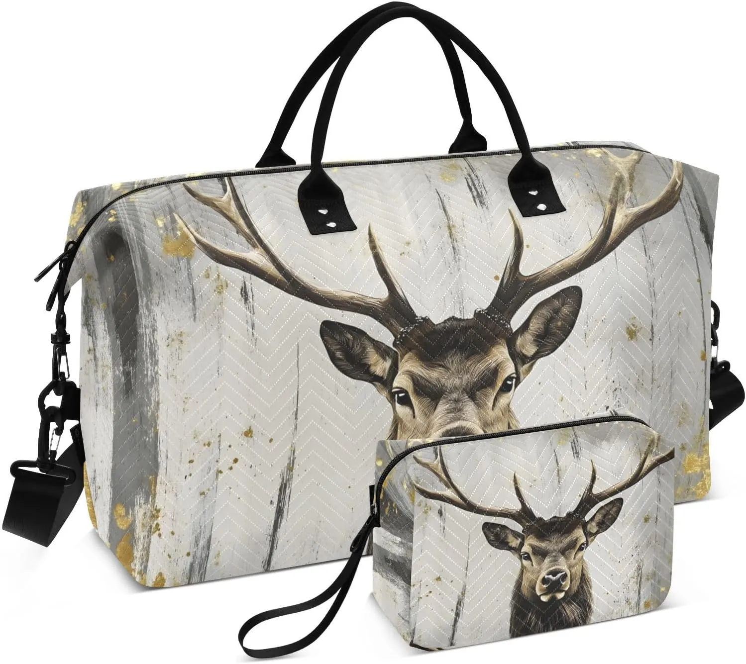 Elk Portrait Gold Travel Duffel Bag, Gym Bags with Multiple Interior Pockets for Men Women Toiletry Purse Included 20.5”x 1.9” x 13.8”