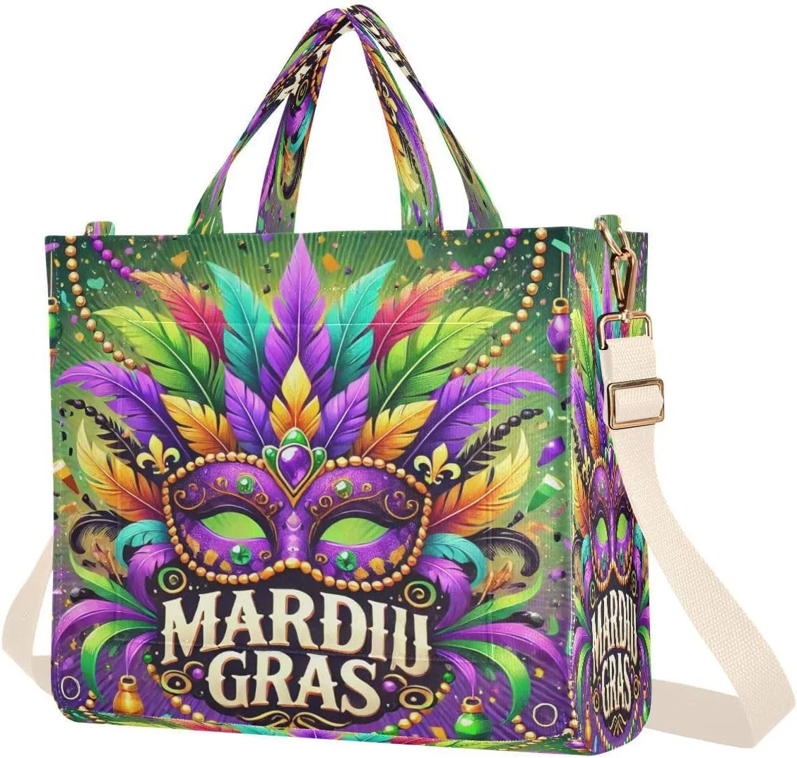 Emelivor Carnival Feathers Tote Bag for Women Large Corduroy Canvas Tote Bag with Pocket S