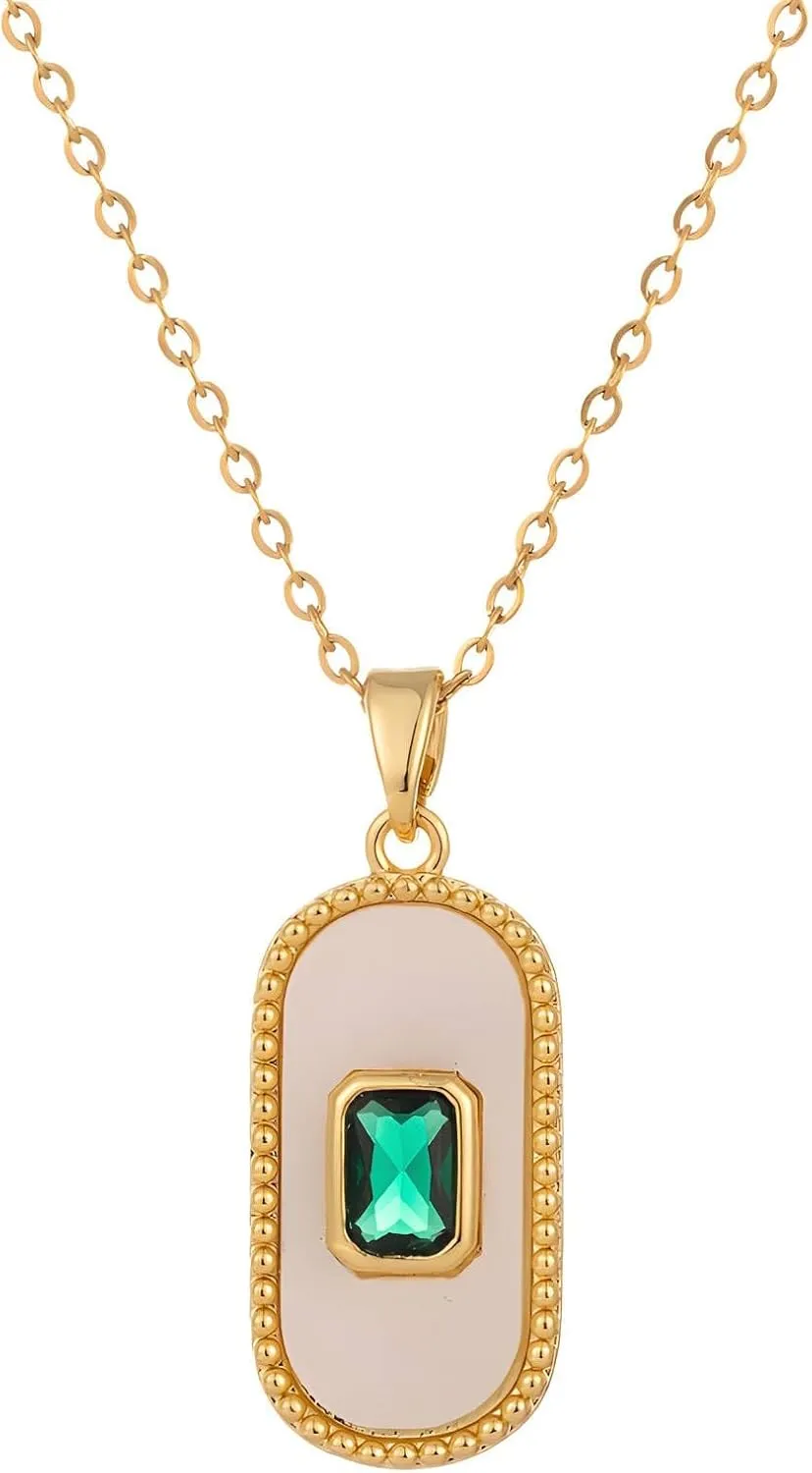 Emerald Pendant Necklace for Women – 18K Gold Plated Oval Charm with White Enamel – Waterproof & Tarnish-Resistant Dainty Jewelry Gift