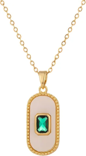 Emerald Pendant Necklace for Women – 18K Gold Plated Oval Charm with White Enamel – Waterproof & Tarnish-Resistant Dainty Jewelry Gift