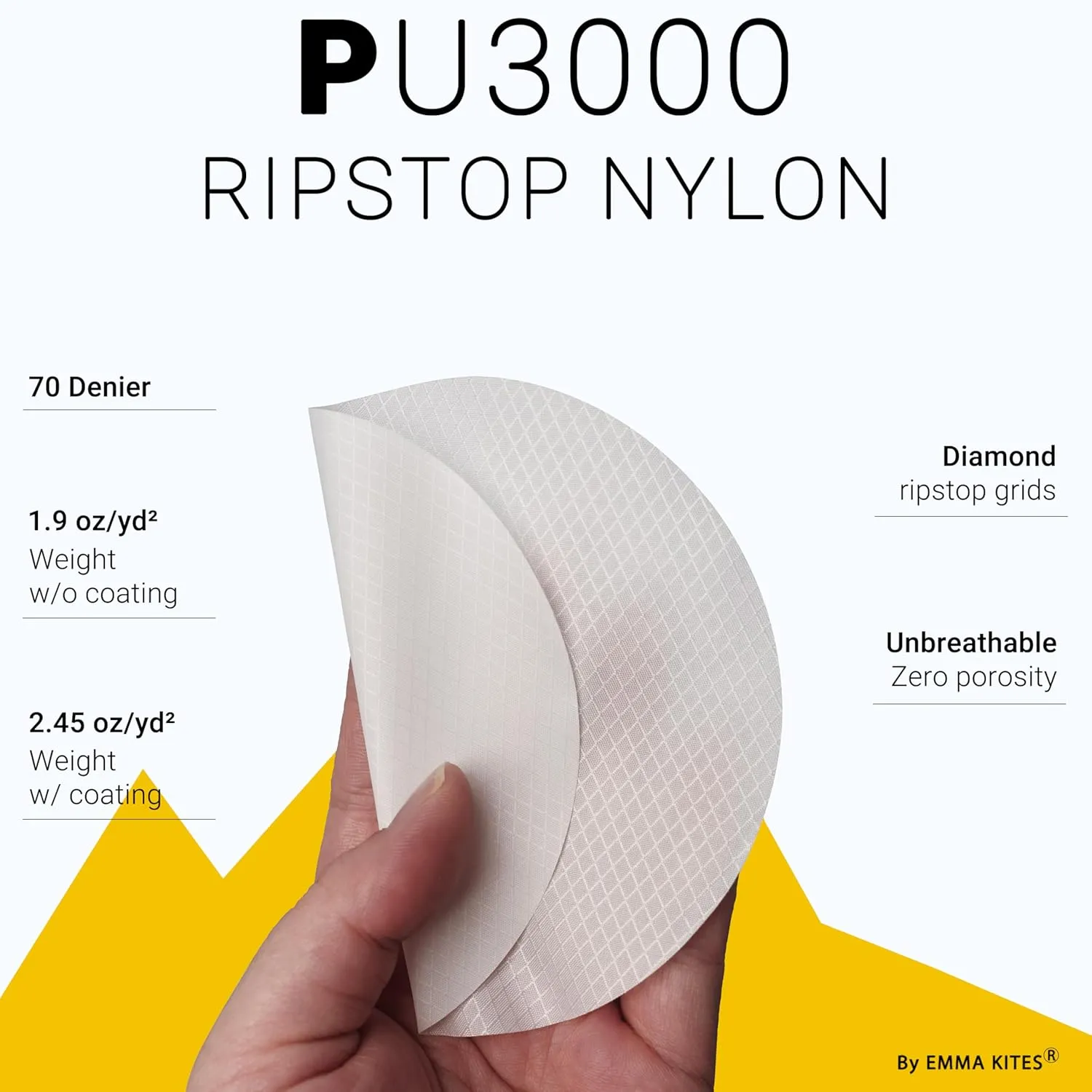 emma kites White Ripstop Nylon PU3000 Waterproof 1.9 oz 70D Diamond Grid Tear Resistant for Tent Rainfly Rain Kilt Poncho Dry Bag Backpack Bike Cover (Selvedge Removed) Pre-Cut 3 Yard