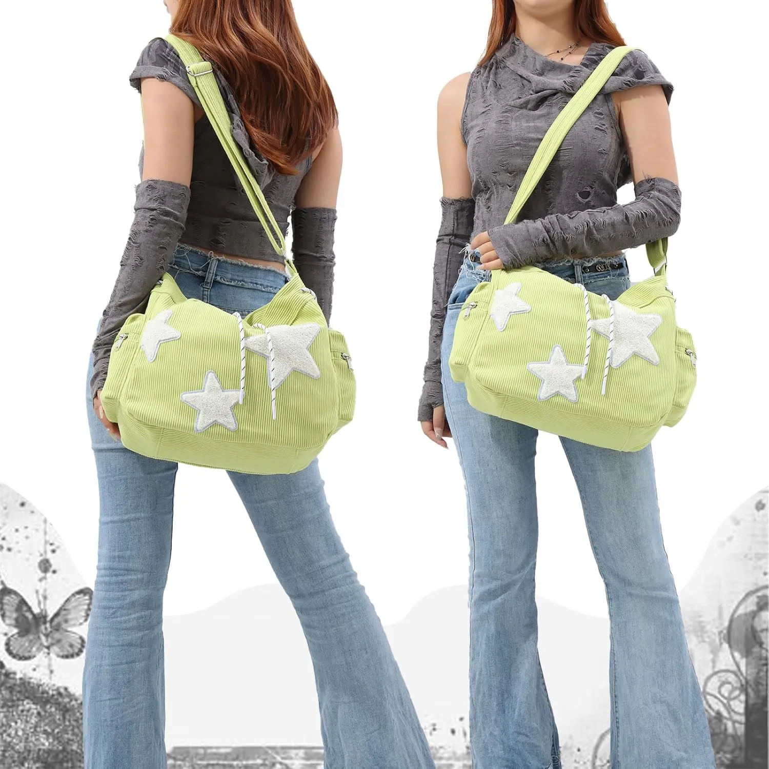 Emprier Star Tote Hobo Bag for Women Large Corduroy Crossbody Bag Y2K Cute Tote Bags Aesthetic Messenger Handbag