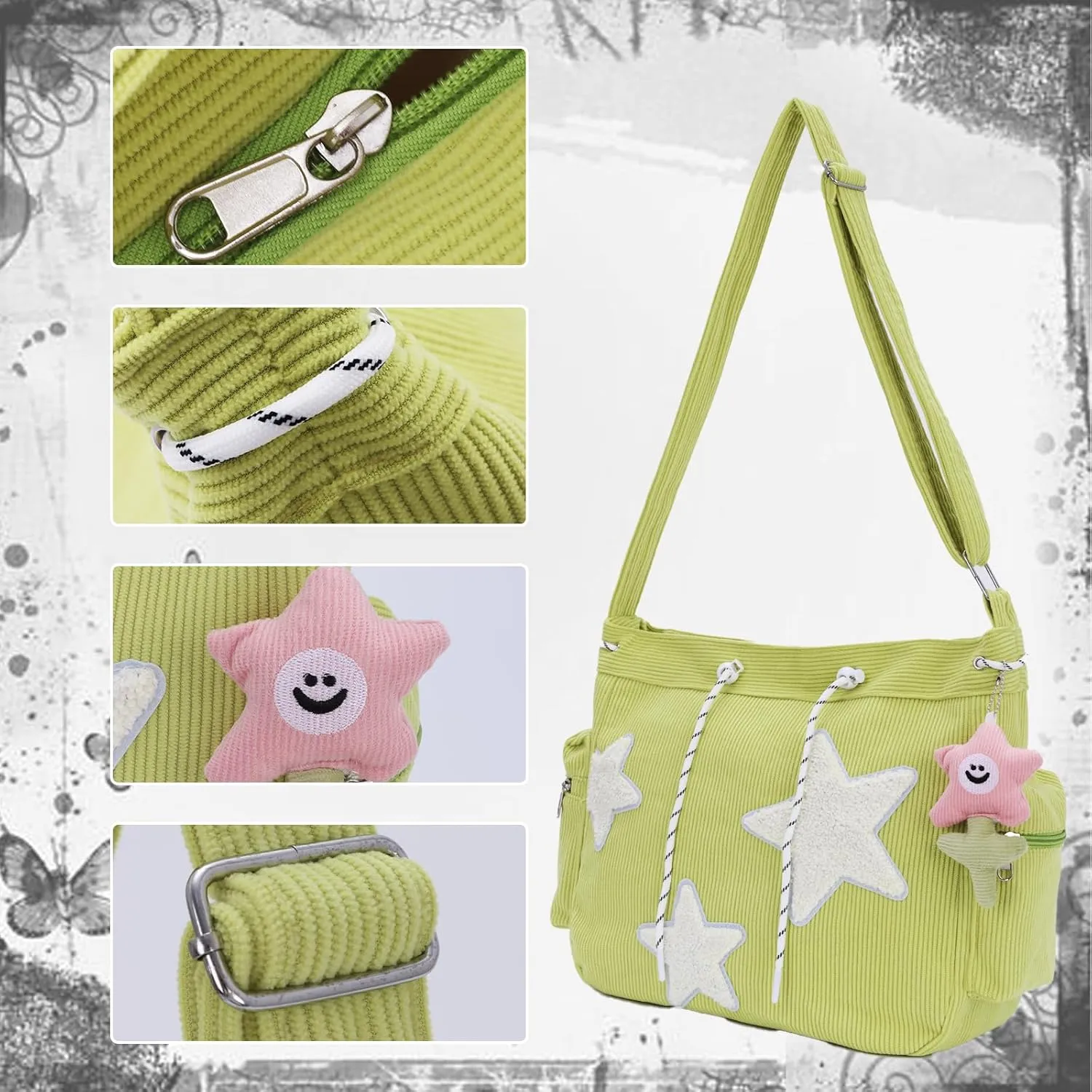 Emprier Star Tote Hobo Bag for Women Large Corduroy Crossbody Bag Y2K Cute Tote Bags Aesthetic Messenger Handbag