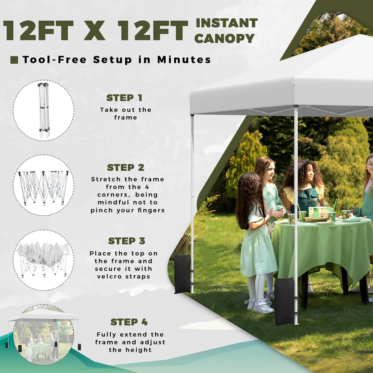 EROMMY 12x12 Pop Up Tent, Easy to Set Up Outdoor Canopy, Portable Shelter for Events, Parties, Camping with 4 Sand Bags, Wheeled Bag, 4 Ropes and 8 Spikes(White)