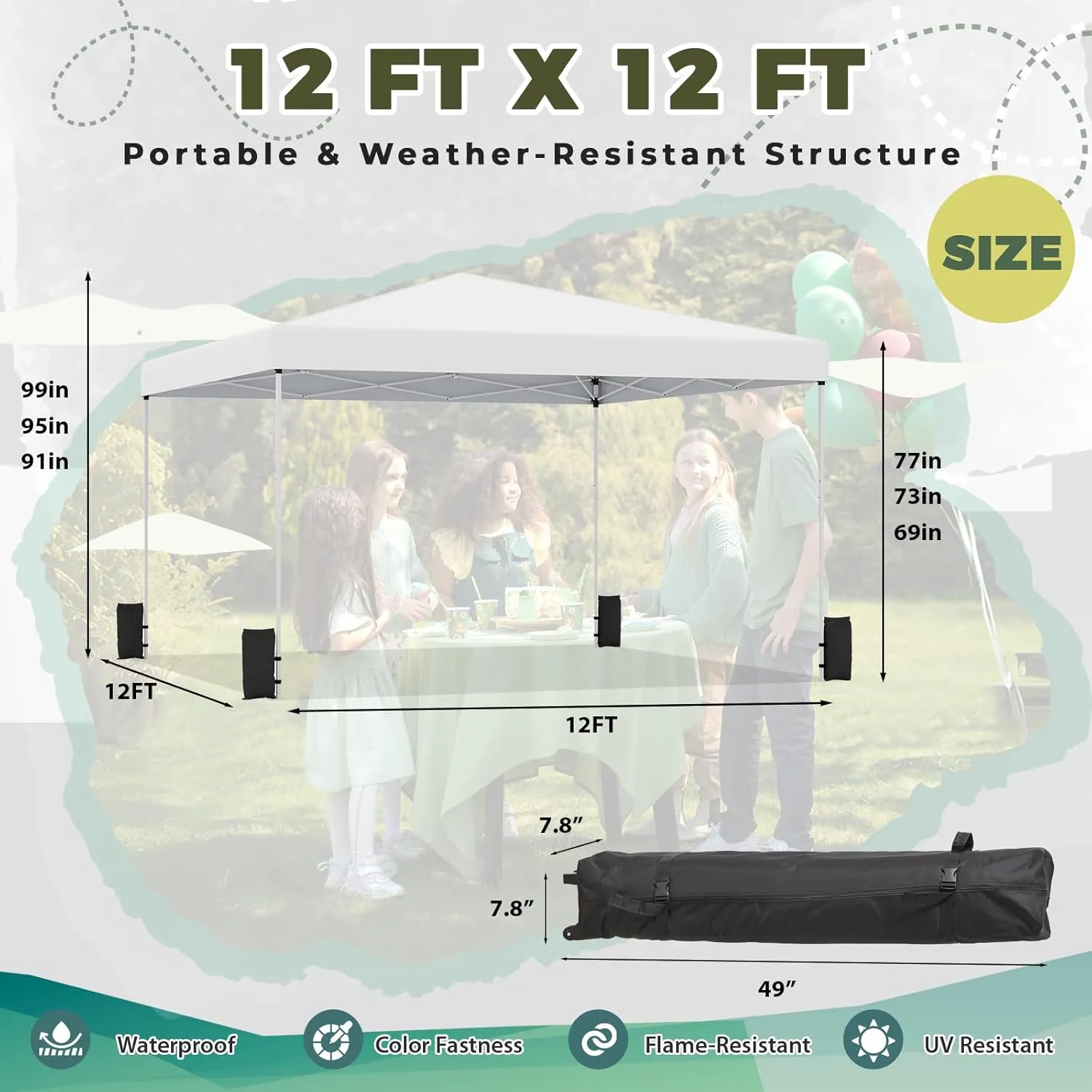 EROMMY 12x12 Pop Up Tent, Easy to Set Up Outdoor Canopy, Portable Shelter for Events, Parties, Camping with 4 Sand Bags, Wheeled Bag, 4 Ropes and 8 Spikes(White)