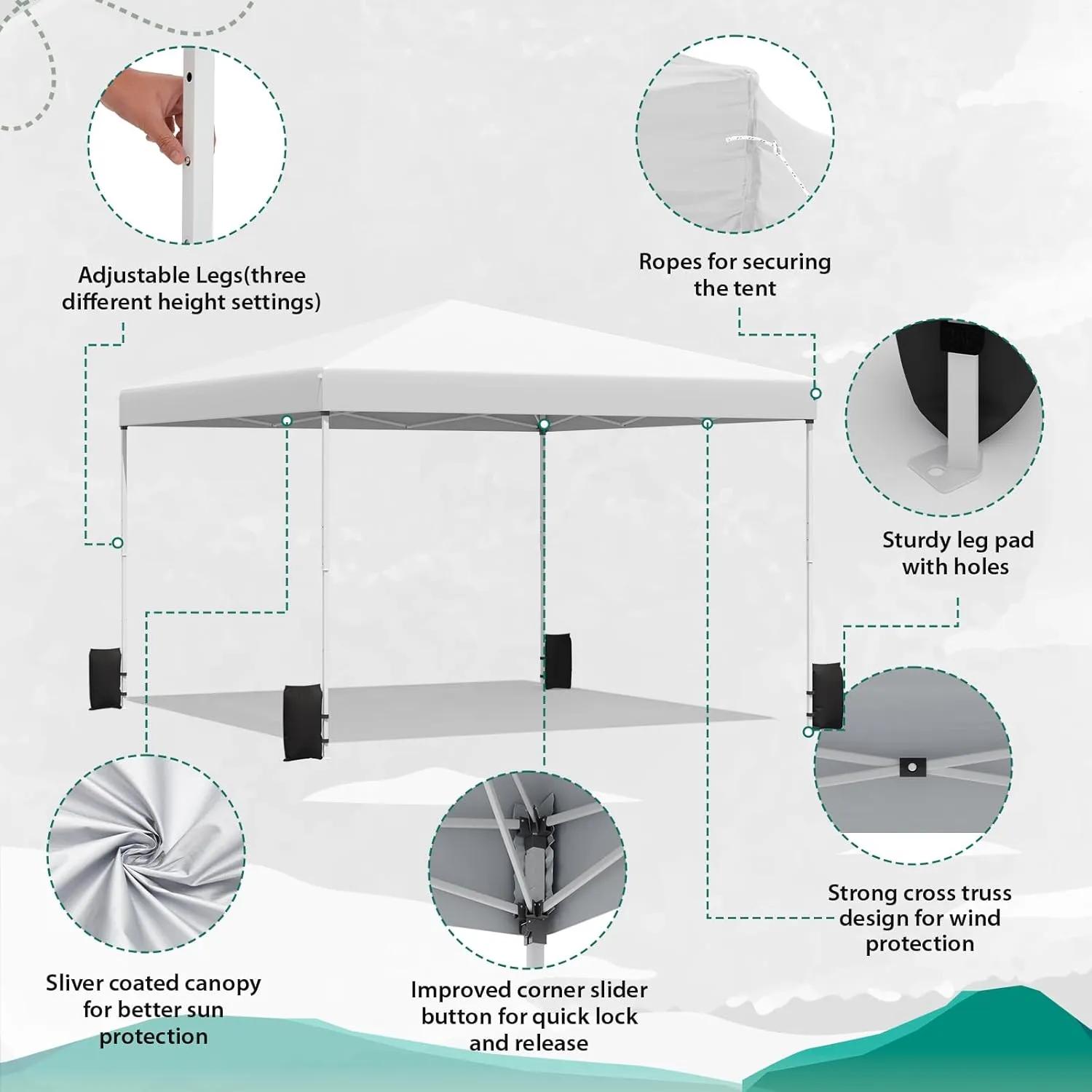 EROMMY 12x12 Pop Up Tent, Easy to Set Up Outdoor Canopy, Portable Shelter for Events, Parties, Camping with 4 Sand Bags, Wheeled Bag, 4 Ropes and 8 Spikes(White)