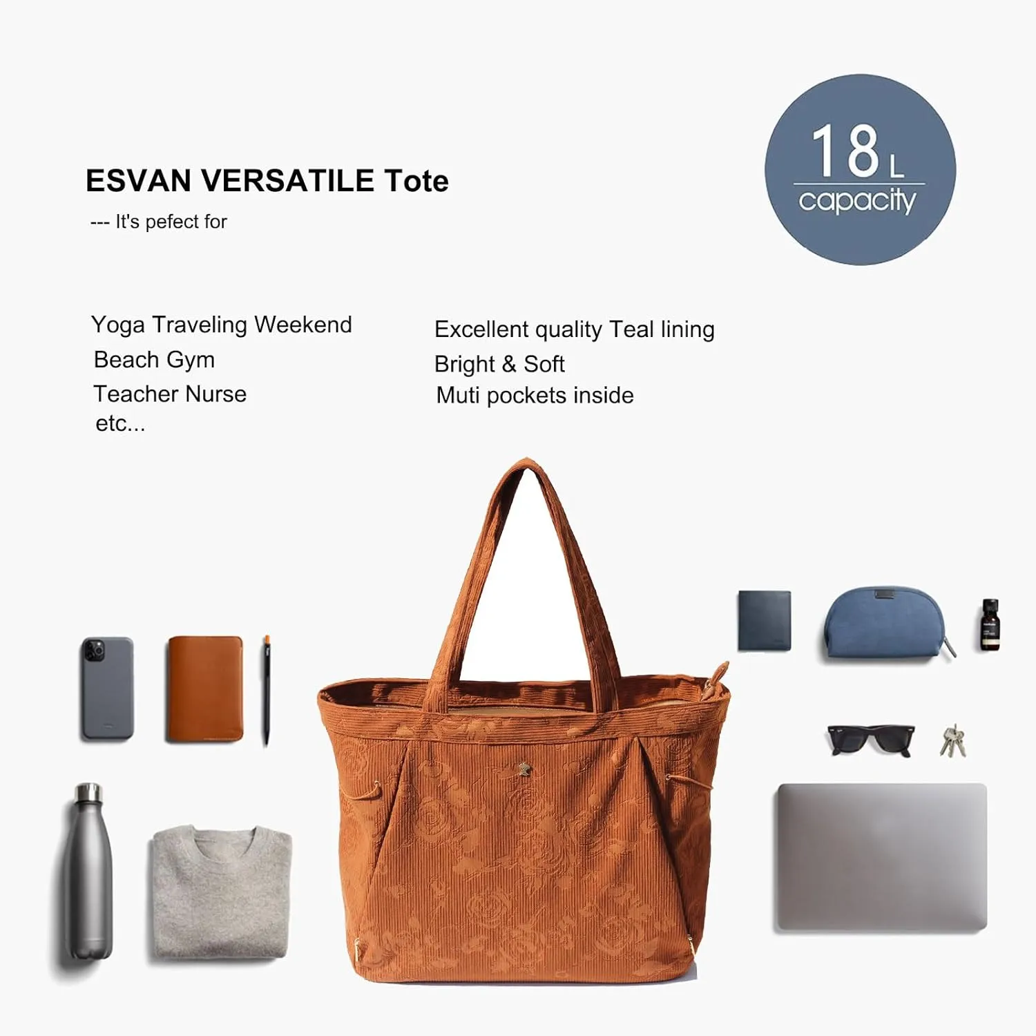 ESVAN Corduroy Yoga Tote Bag Gifts for Women Drawstring Yoga Mat Bag for Office Workout Travel Carryall Pilates Gym